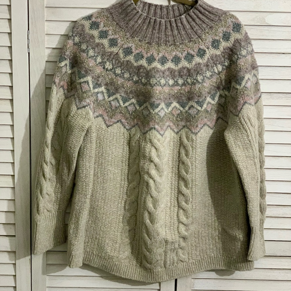 Chico's Fair Isle Turtleneck Sweater - Cream and Pink